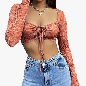 Orange Long Sleeve Crop Blouse with Tie Front